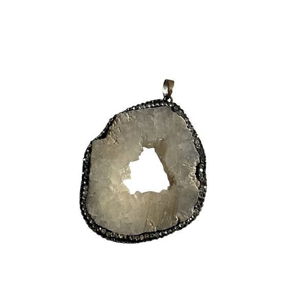 White Druzy Agate Geode Pendant CZ Rhinestone Pave - Picture 2 of 3